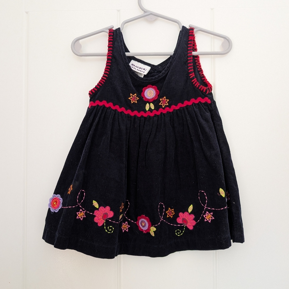 Blueberi Boulevard Black Corduroy Dress with Floral Embroidery 12M